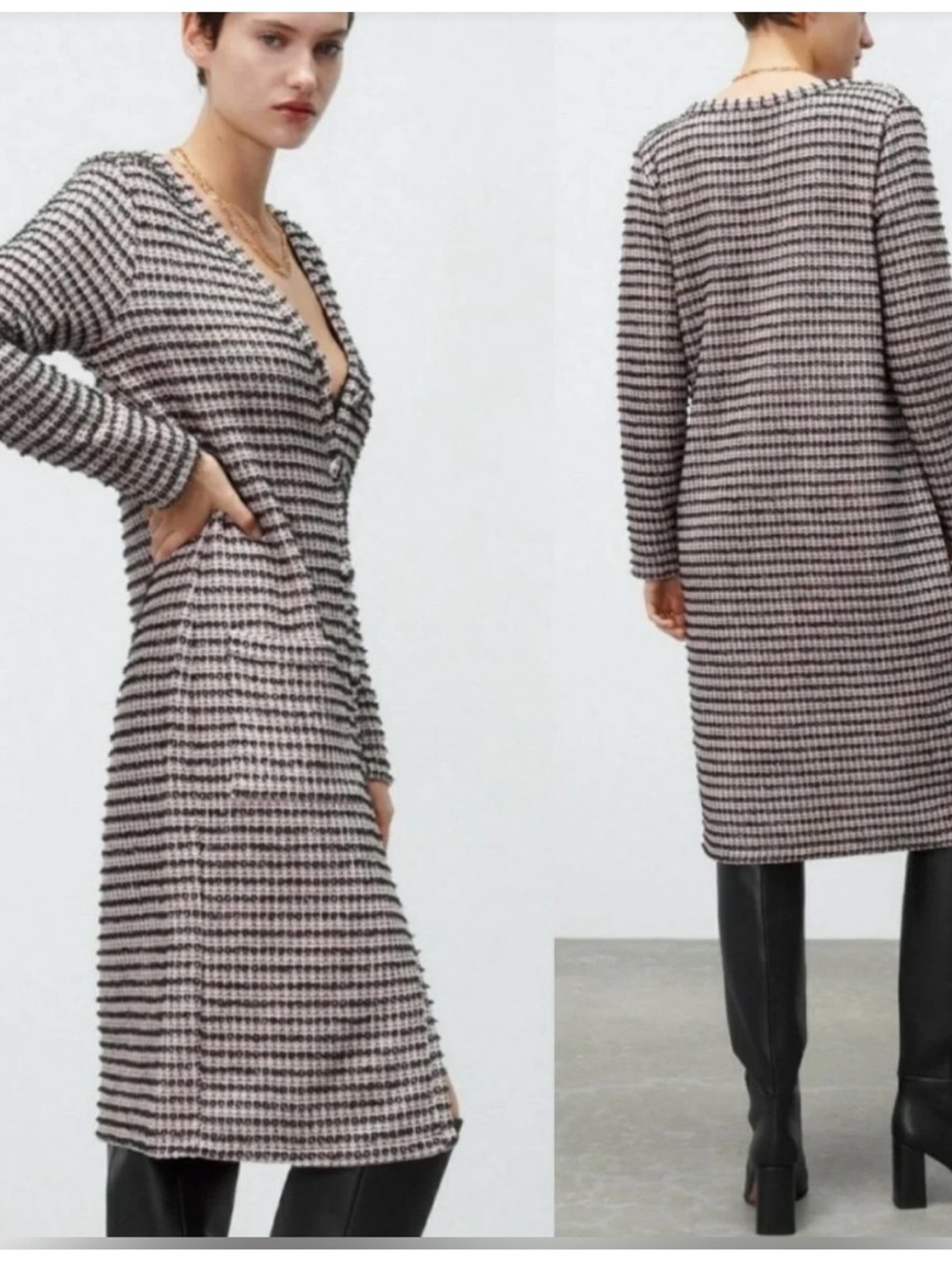 Zara Textured Tweed V-Neck Knit Midi Dress Womens Size Small